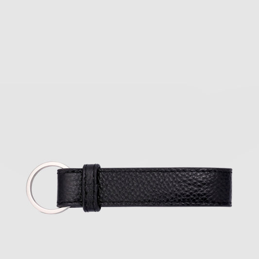 Black Pebbled Leather Key Chain With Silver Hardware