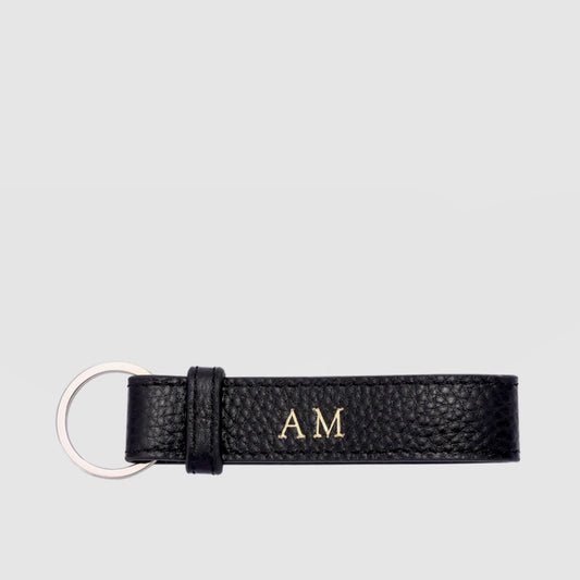 Black Pebbled Leather Key Chain With Silver Hardware