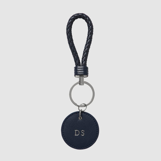 Black Saffiano Leather Plaited Loop Keyring with Silver Hardware