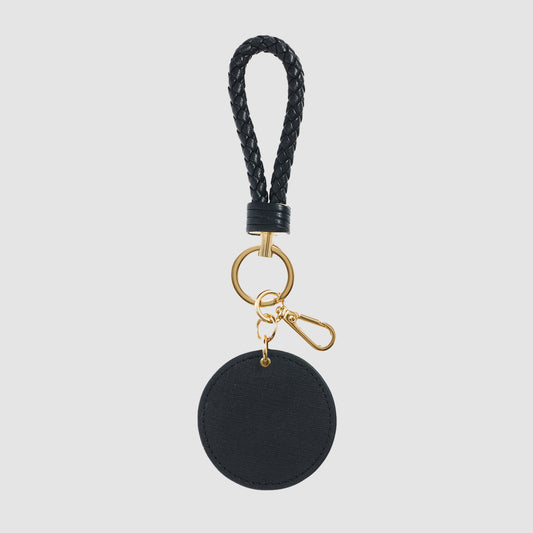 Black Saffiano Leather Plaited Loop Keyring with Gold Hardware