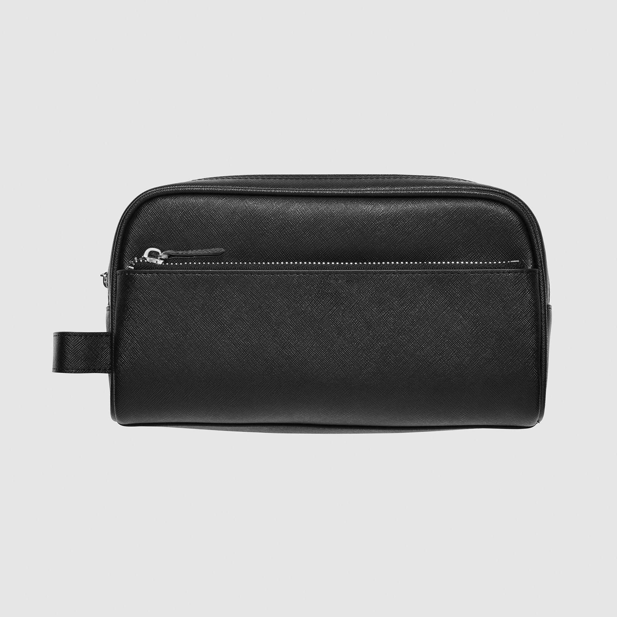 Personalised Wash Bag with Silver Hardware Black Saffiano Leather with ...