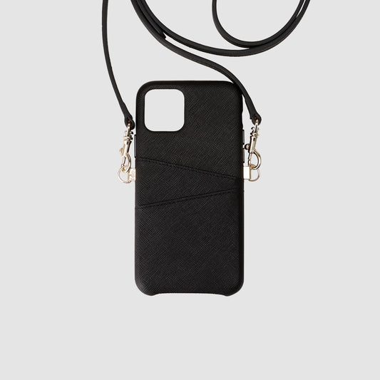 Black Saffiano Wrap iPhone 11 Pro Case With Pocket & Detachable Cross Body Strap_1