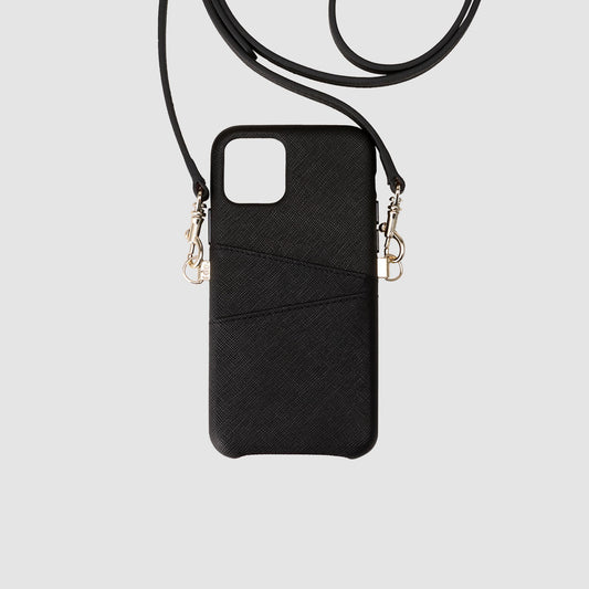 Black Saffiano iPhone 11 Case With Pocket & Detachable Cross Body Strap_1