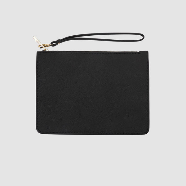 Mini Structured Pouch with Wrist Strap Black Saffiano Leather