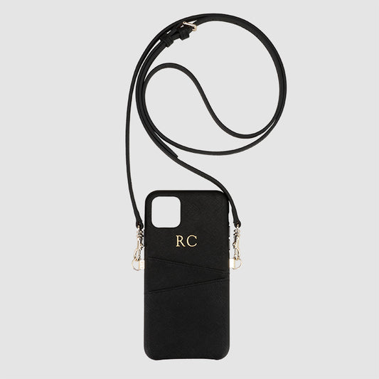 Black Saffiano iPhone 11 Case With Pocket & Detachable Cross Body Strap_2