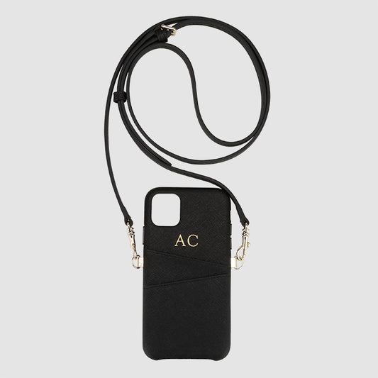 Black Saffiano Wrap iPhone 11 Pro Max Case With Pocket & Detachable Cross Body Strap_2