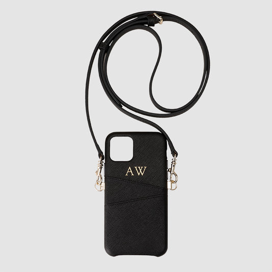 Black Saffiano Wrap iPhone 11 Pro Case With Pocket & Detachable Cross Body Strap_2